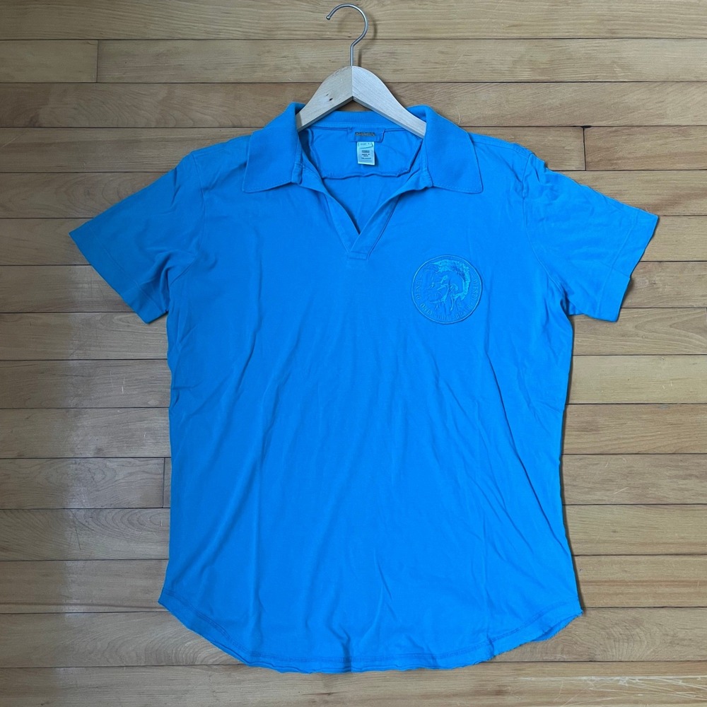Diesel Only The Brave Blue V-Neck Polo Shirt Mohawk Logo Patch Mens Large
